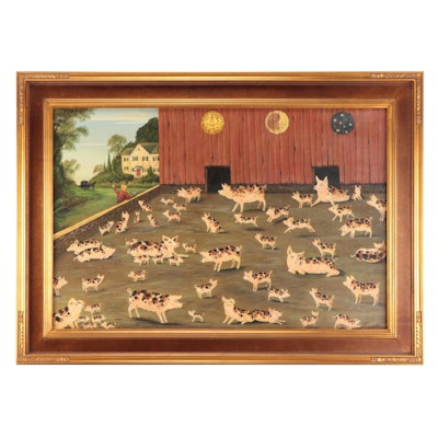Amos Shontz Folk Oil Painting of Farm Scene, Late 20th Century
