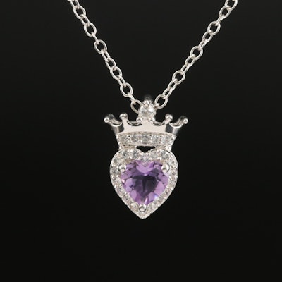 Sterling Amethyst and Sapphire Heart and Crown Pendant Necklace