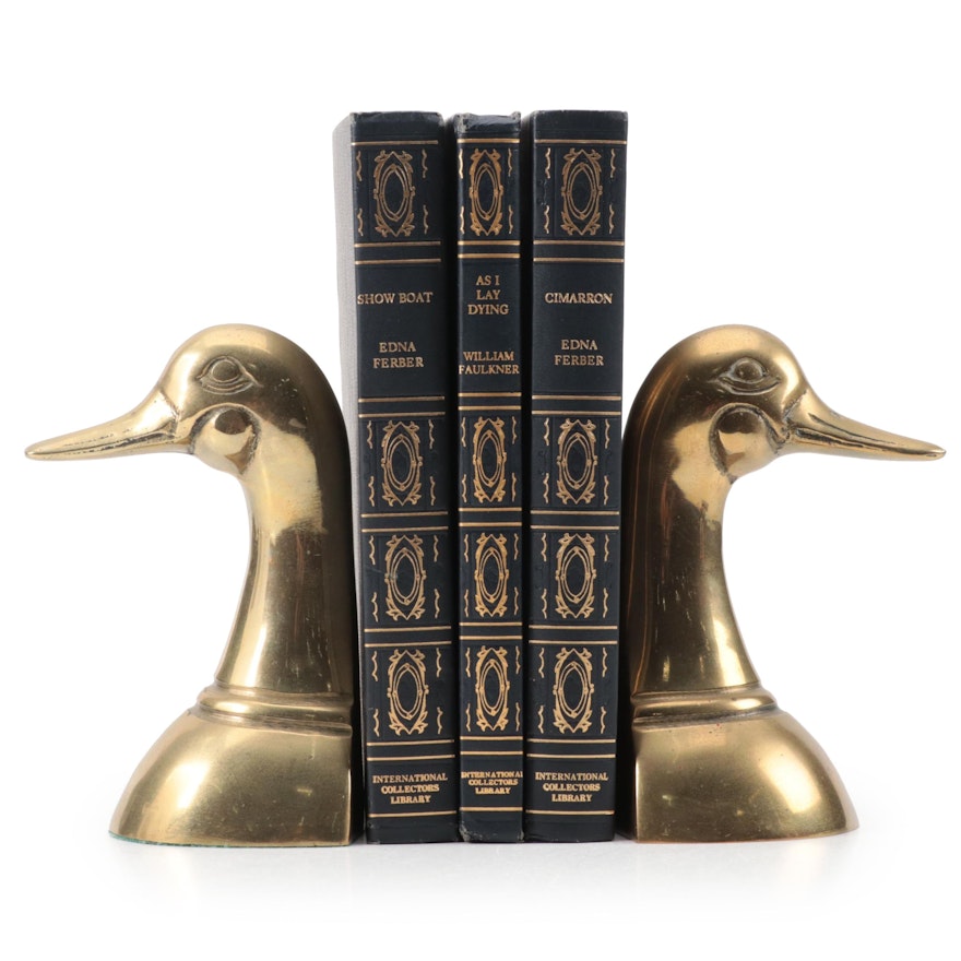 Cast Brass Duck Bookends With "As I Lay Dying" by William Faulkner, Other Books