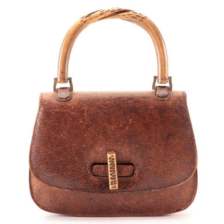 Gucci Bag in Cinghiale Leather with Carved Wood Top-Handle and Closure, Vintage