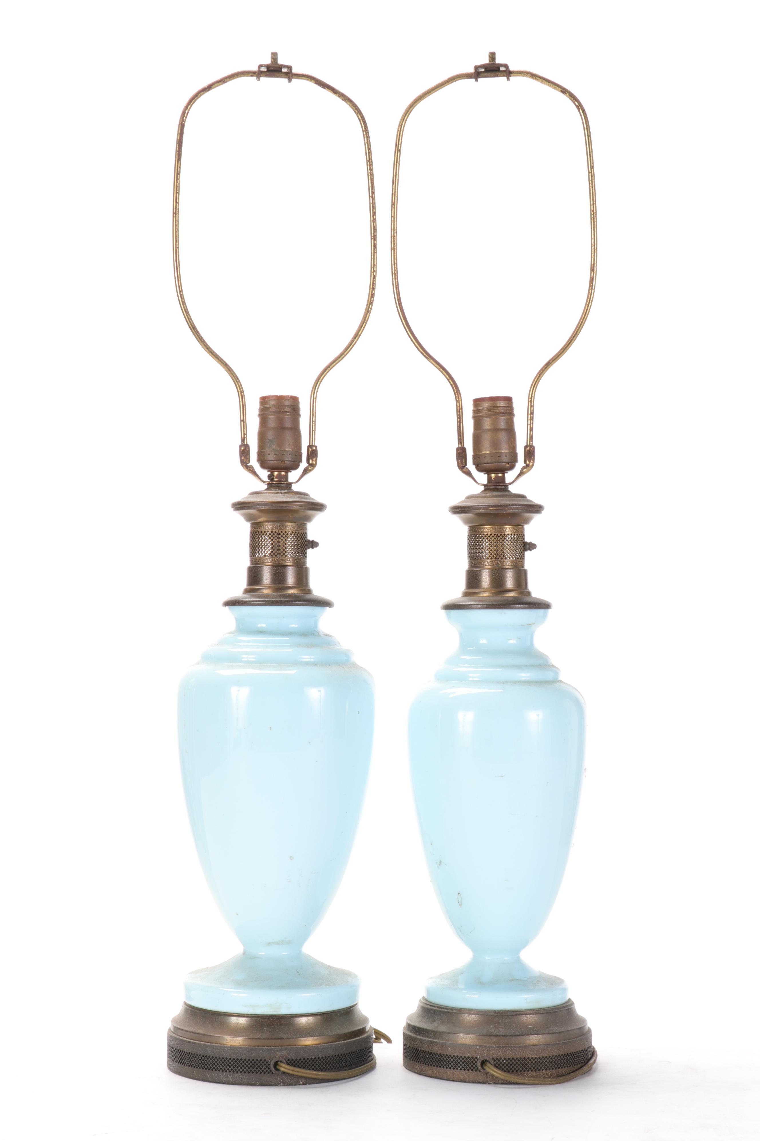 Bristol Glass and Brass Mount Oil Table Lamps, Adapted Mid20th C EBTH