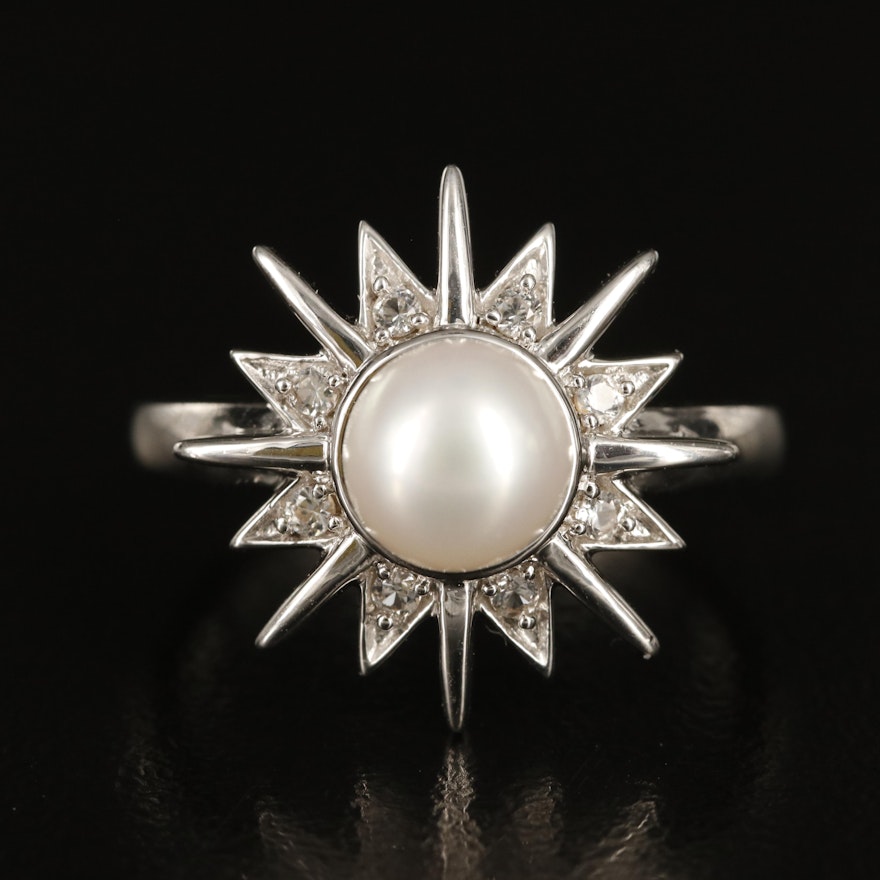 Sterling Pearl and Sapphire Starburst Ring