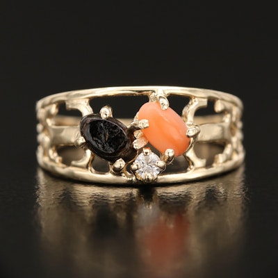 14K Coral, Black Coral and Diamond Openwork Ring