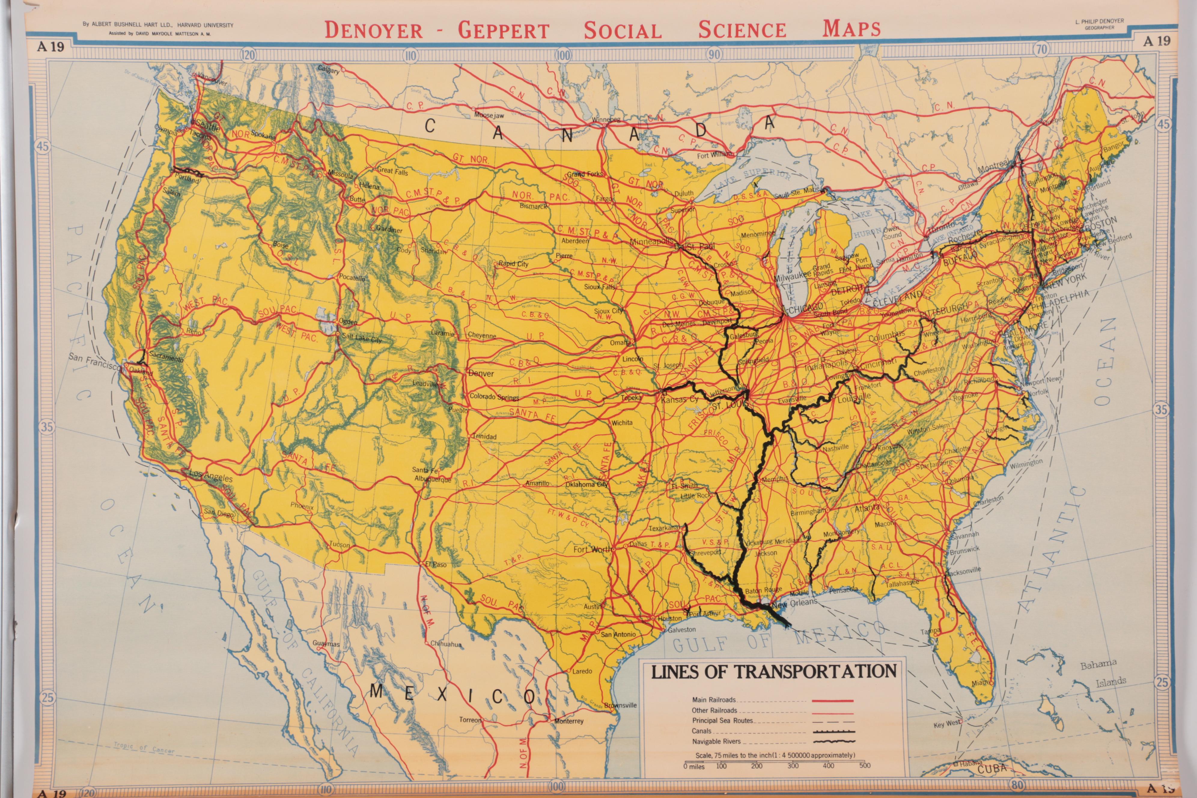 DenoyerGeppert School Map of United States "Lines of Transportation" EBTH