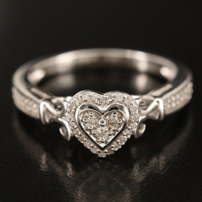 Sterling Diamond Heart Ring with Scroll Detailing