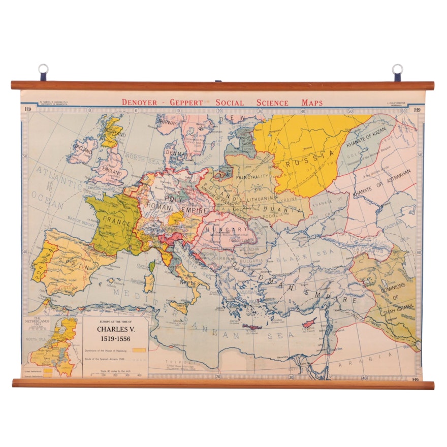 Denoyer-Geppert School Map "Europe at the Time of Charles V. 1519 - 1556"