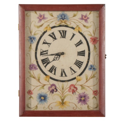 Federal Style Crewel Embroidery Linen Wall Clock in Cherry Display Case, 20th C