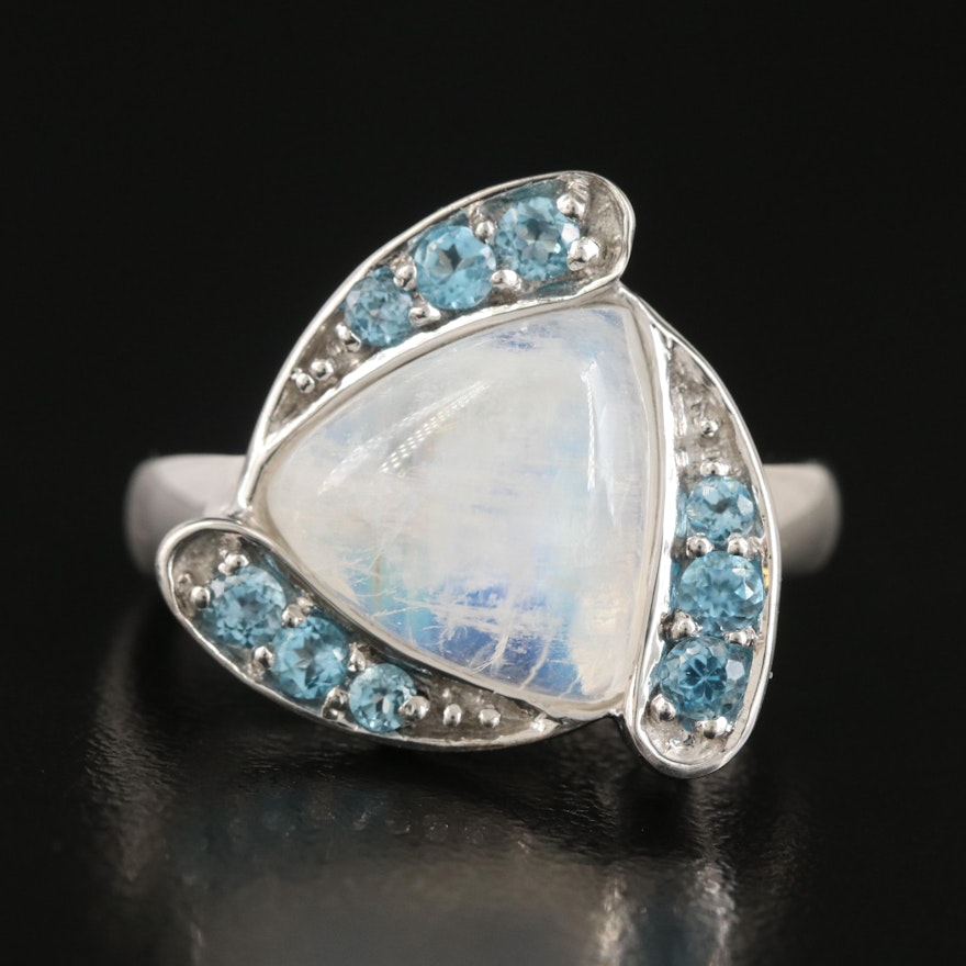 Sterling Rainbow Moonstone and Topaz Ring