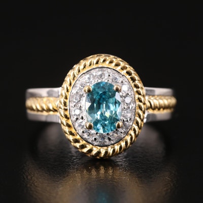 Sterling Silver Blue and White Zircon Ring with Rope Detailing
