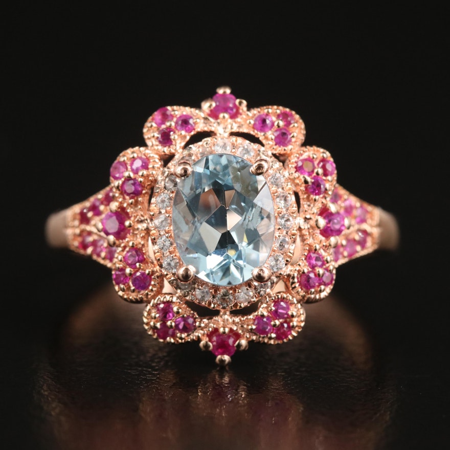 Sterling Aquamarine, Zircon and Ruby Ring