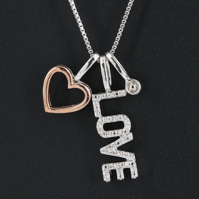 Sterling and Diamond "Love" Heart Necklace with 10K Rose Gold Accent