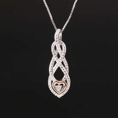 Sterling Diamond Pendant Necklace with 10K Rose Gold Heart Accent