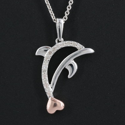 Sterling Diamond Dolphin Pendant Necklace with Heart Accent