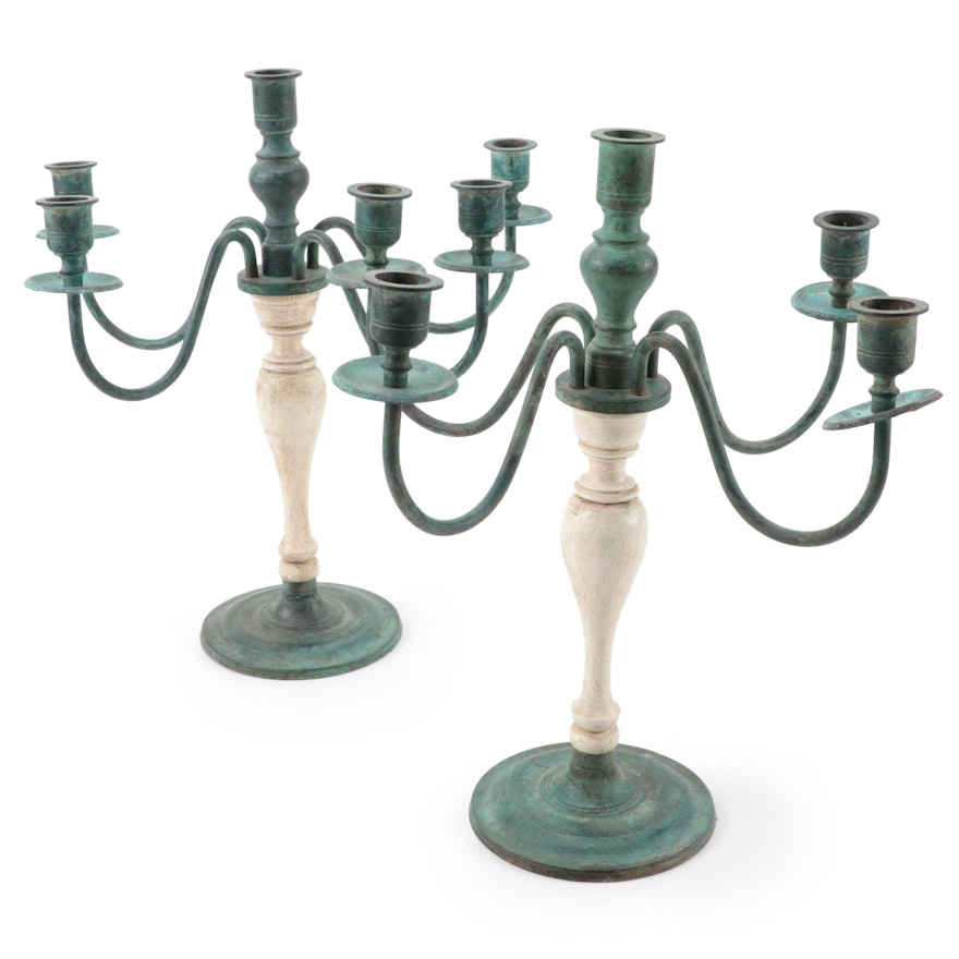 Pair of Patinated Metal and Painted Wood Candelabras