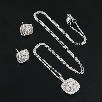 10K 1.02 CTW Diamond Earrings and Pendant Necklace with Sterling Chain