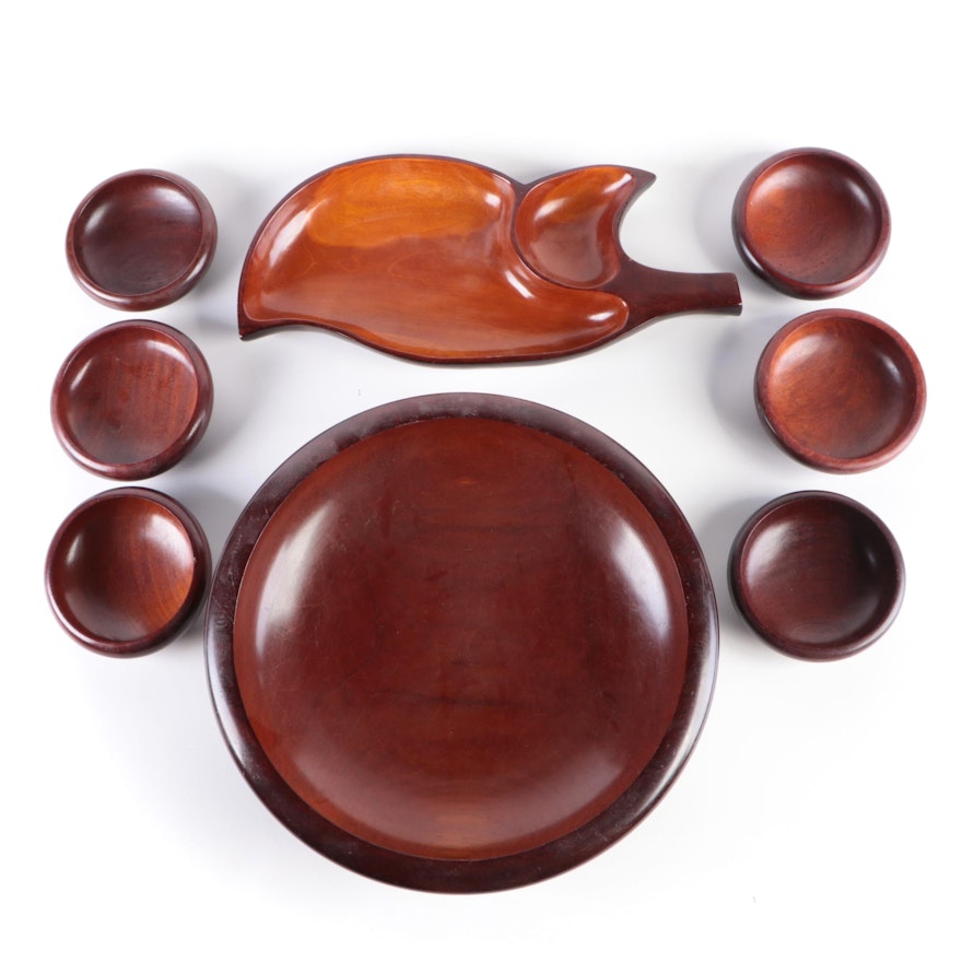 Fritz Mevs Mahogany Leaf Dish with Other Turned Wood Bowls, Mid to Late 20th C.