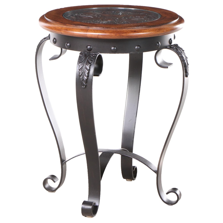 Scrolled Metal, Hardwood, Molded Composite, and Glass Top Side Table