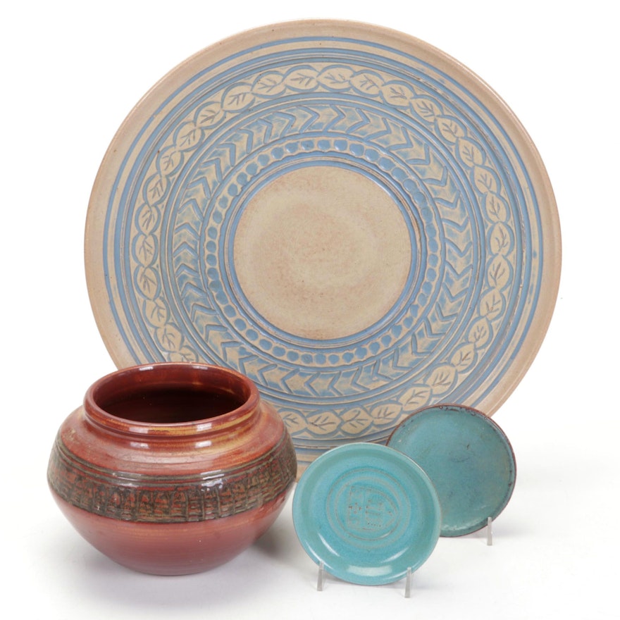 Edgar Littlefield Kilns Art Pottery Vase, Serving Plate and Saucers