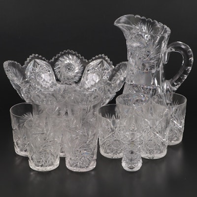 American Brilliant Cut Glass Pitcher with Tumblers, Centerpiece Bowl and Vase