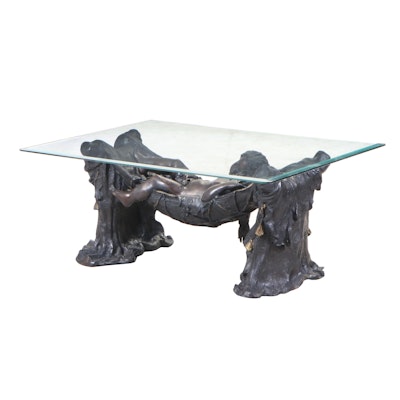 Figural Sculptural Bronze Coffee Table with Beveled Glass