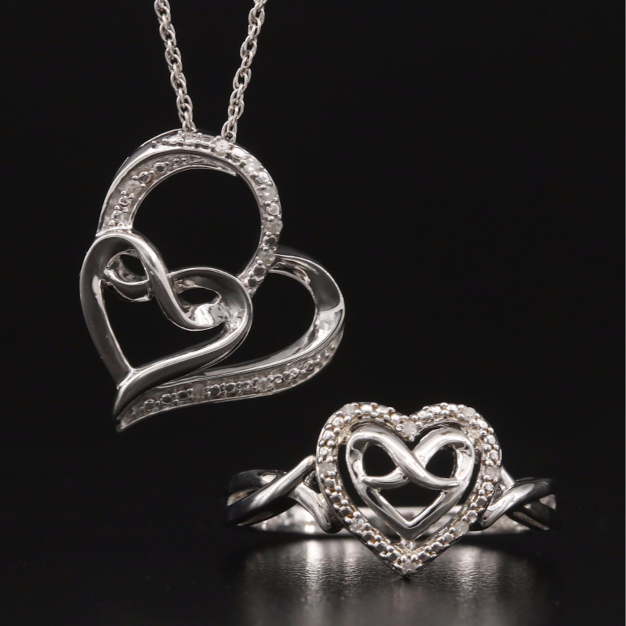 Sterling Double Heart and Infinity Pendant Necklace and Ring