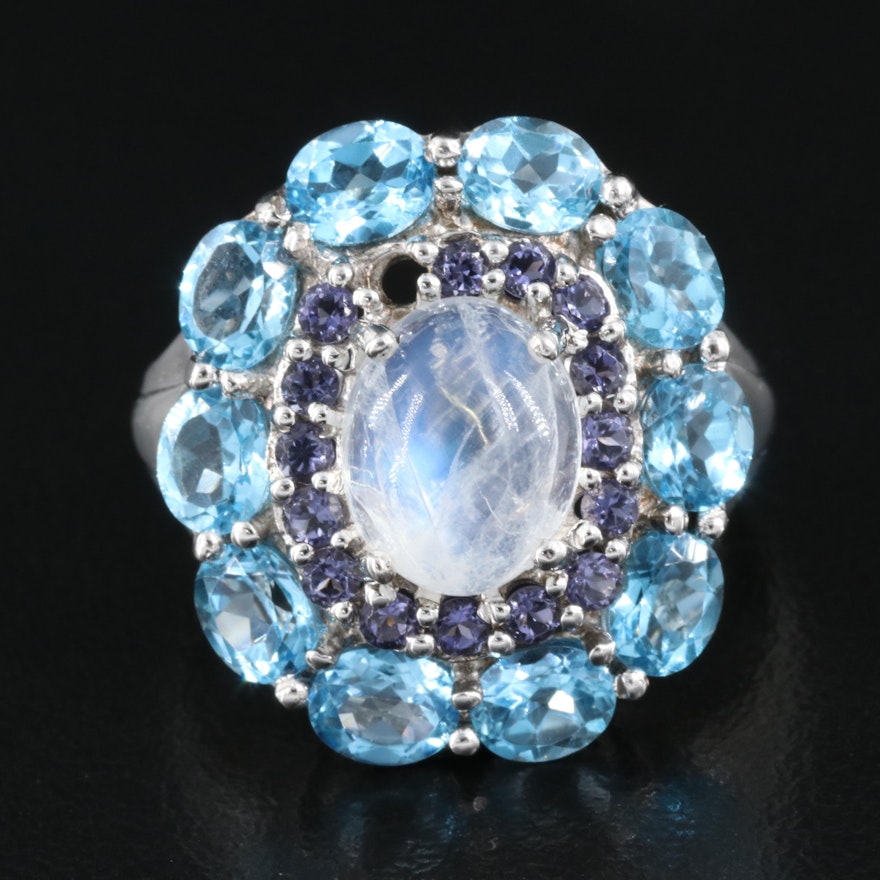 Sterling Rainbow Moonstone, Topaz and Iolite Halo Ring
