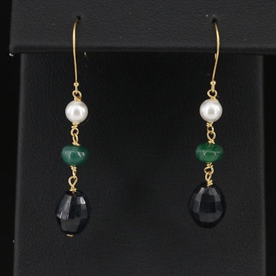 14K Imitation Pearl, Emerald and Sapphire Earrings
