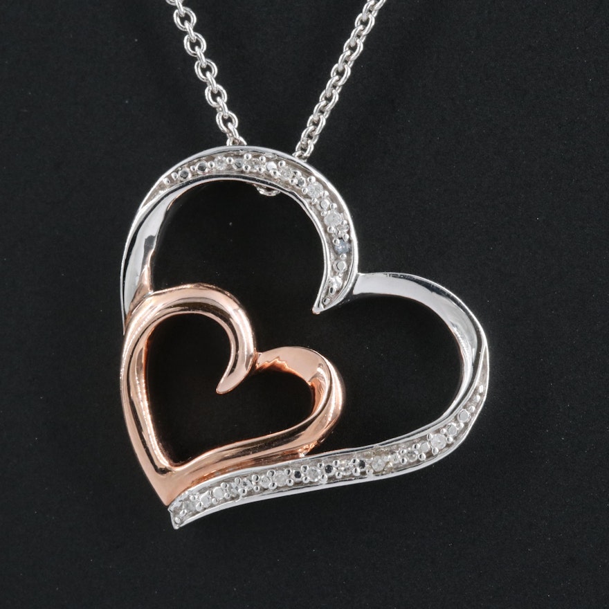 Sterling Diamond Double Heart Slide Pendant Necklace