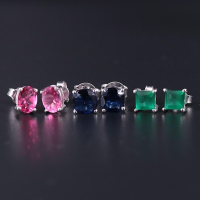Sterling Silver Earring Collection Including Sapphire and Emerald