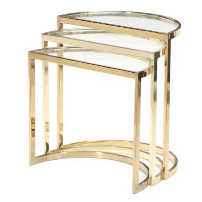 Three Modernist Brass and Glass Top Demilune Graduated Side Tables