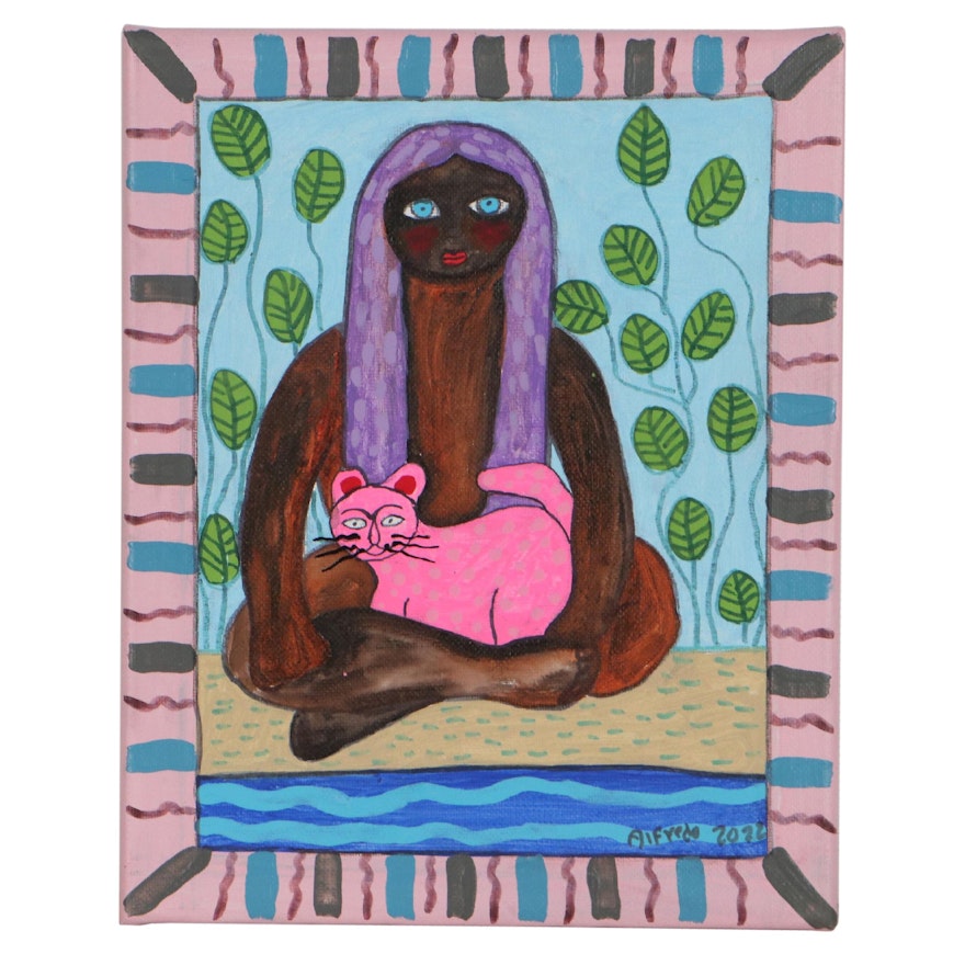 Alfredo Garcia Acrylic Painting "Pink Cat," 2022