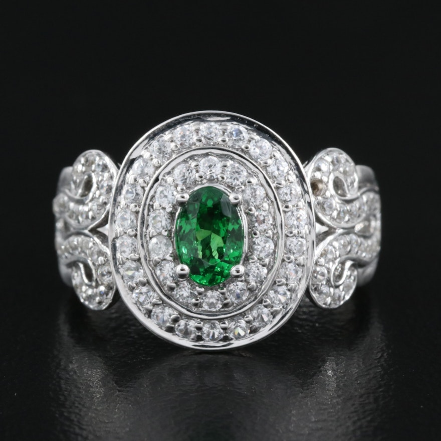 Sterling Tsavorite and Zircon Double Halo Ring