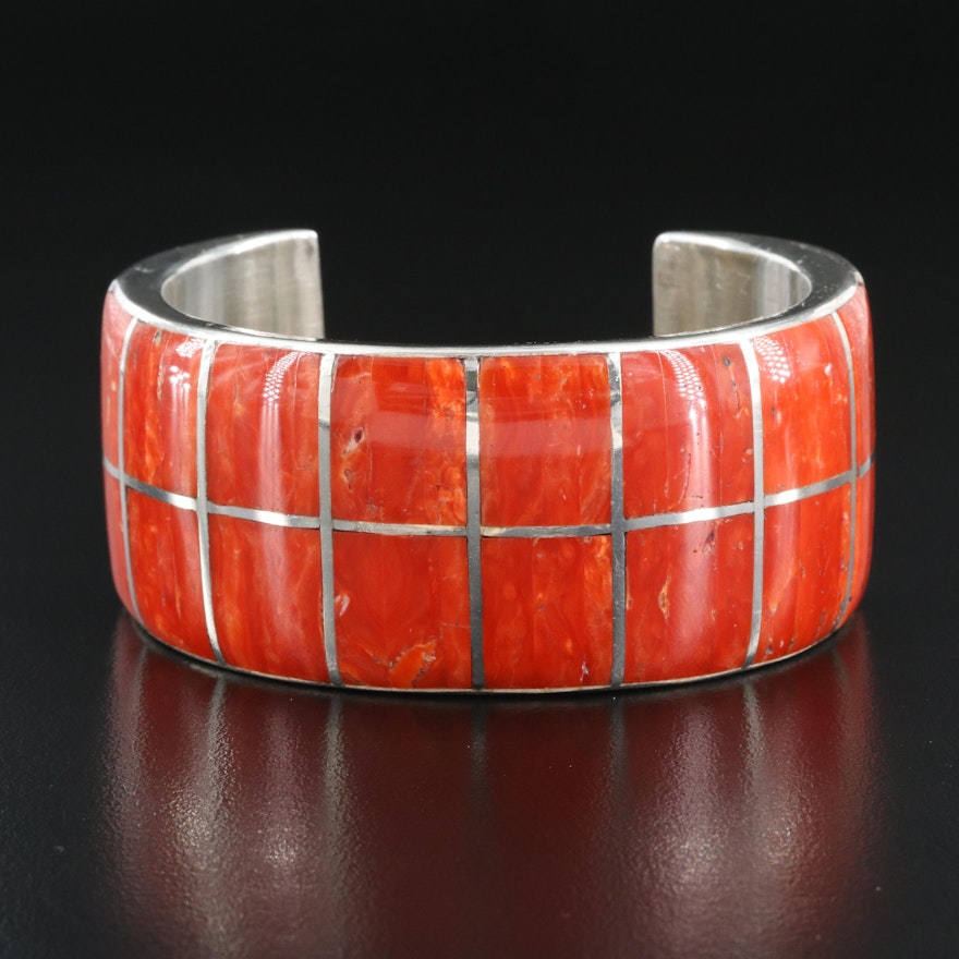 Mary Morgan and Roland Long Navajo Diné Sterling Two Row Coral Inlay Cuff
