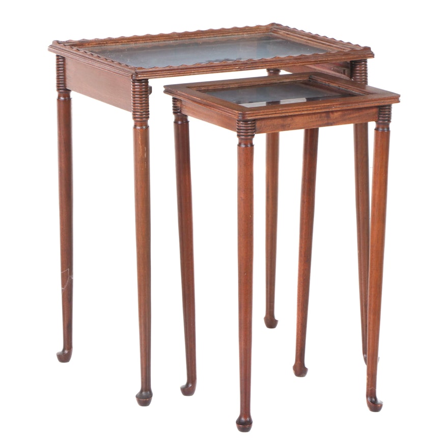 Two Queen Anne Style Mahogany and Glass Top Graduated Side Tables