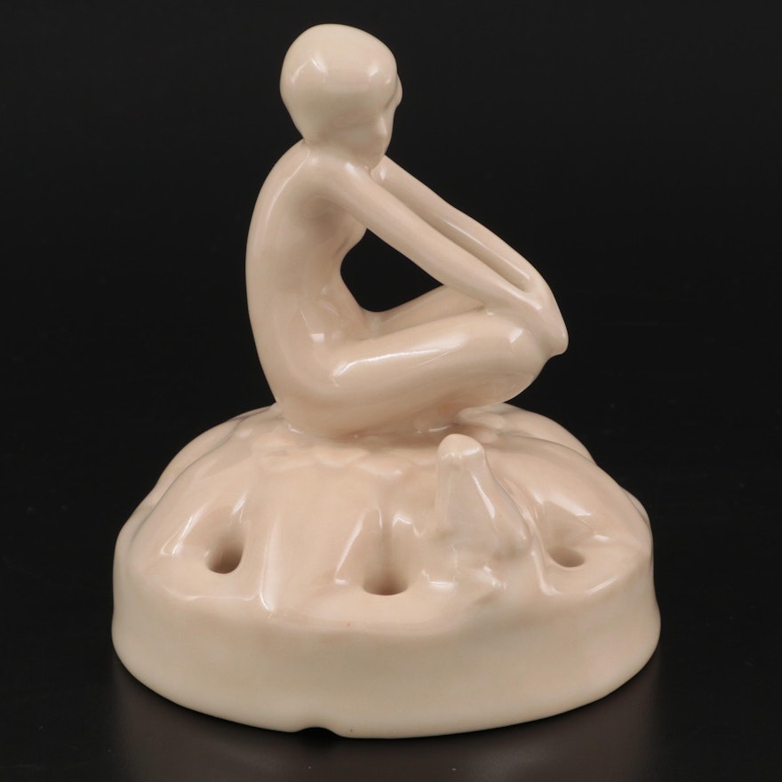 Sara Sax for Rookwood Pottery Glazed Ivory Figural Flower Frog, 1927