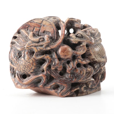 Chinese Carved Soapstone Double Dragon Figurine