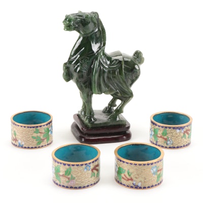 Chinese Carved Nephrite Tang Style Horse Figure with Cloisonné Napkin Rings