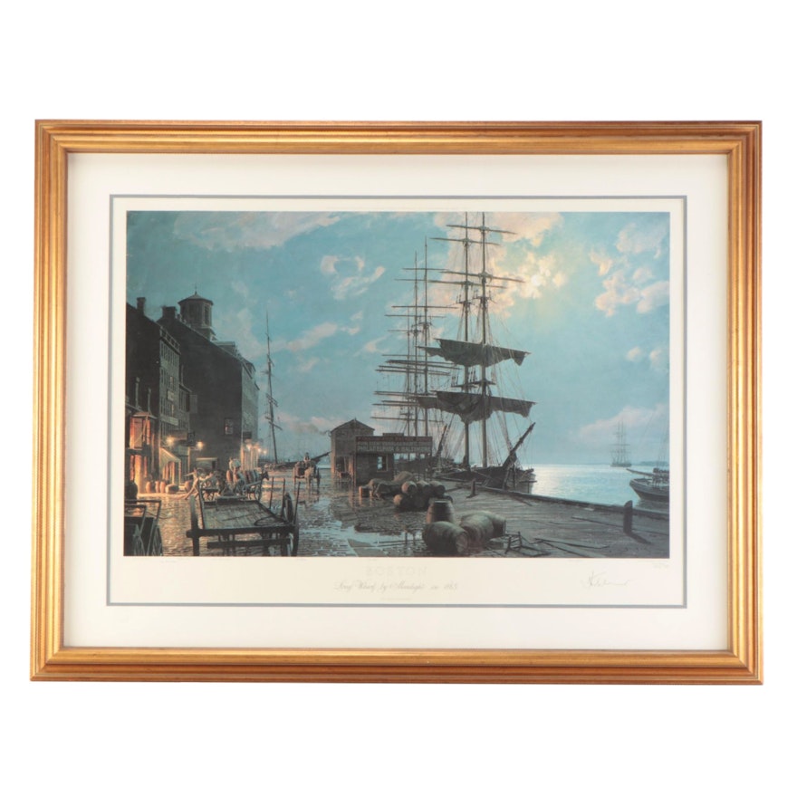 John Stobart Offset Lithograph "Long Wharf by Moonlight in 1865," Circa 1983