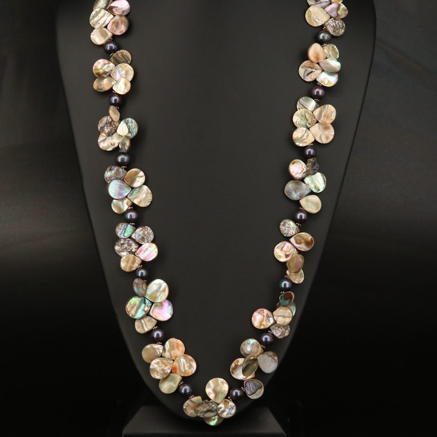 Abalone, Mother-of-Pearl and Pearl Necklace with Sterling Clasp