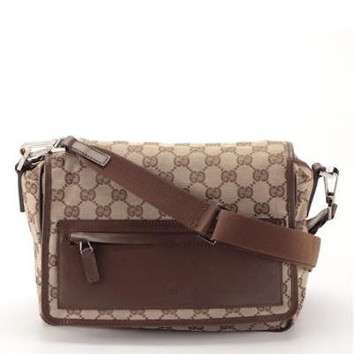 Gucci Small Messenger Bag in GG Canvas and Brown Leather
