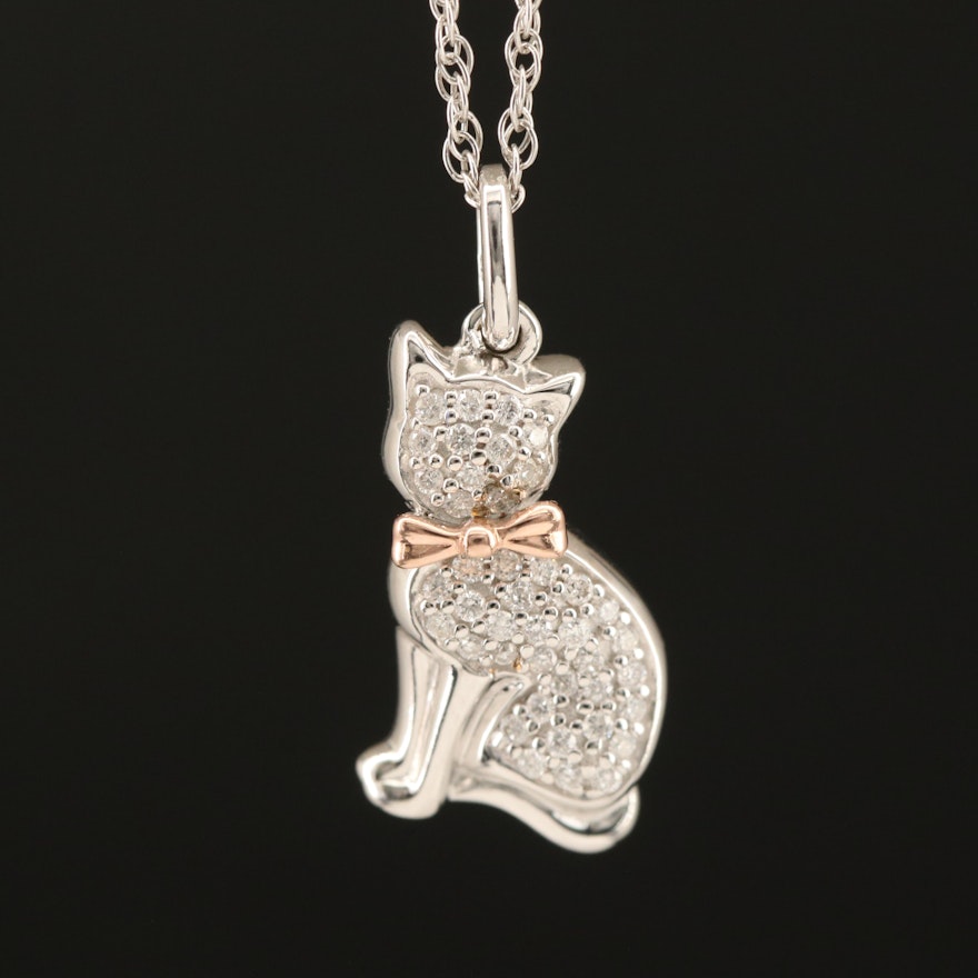 Sterling Pavé Diamond Cat Pendant Necklace with 10K Rose Gold Accent