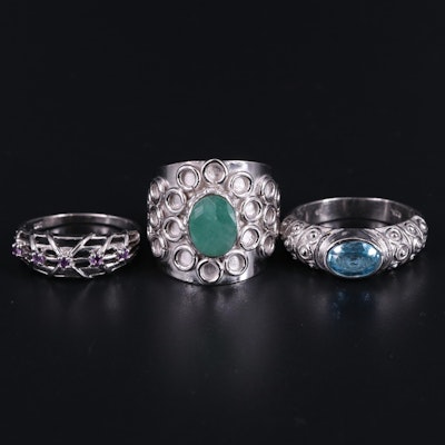 Sterling Silver Ring Collection Including Emerald and Topaz