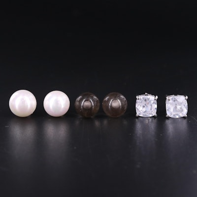 Assortment of Sterling Silver Earrings Including Smoky Quartz and Pearl