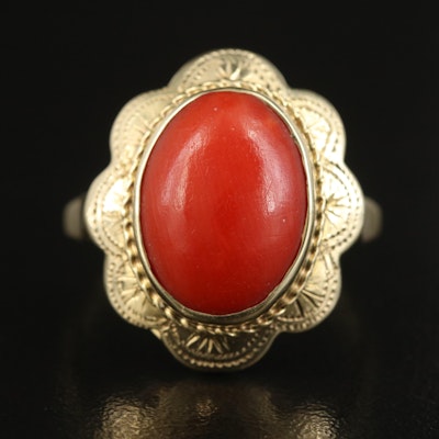 14K Coral Ring with Scalloped Trim