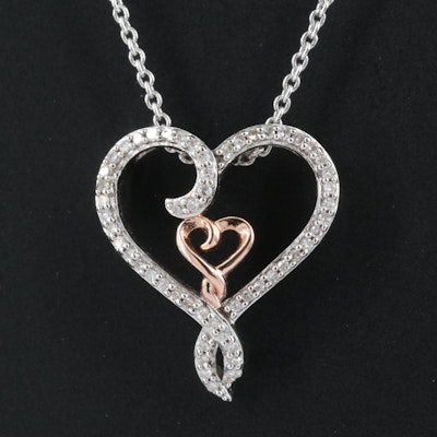Sterling Diamond  Heart Pendant Necklace