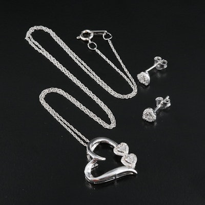 Sterling Diamond Hearts Necklace and Earrings Set