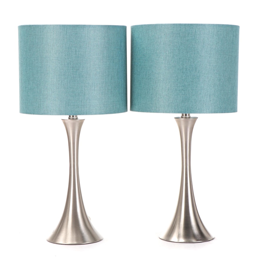 Pair of Contemporary Brushed Metal Lamps With Teal Drum Shades