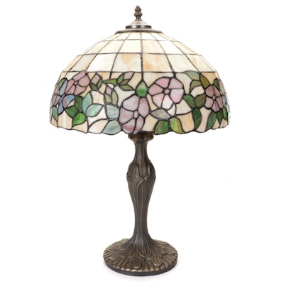 Art Nouveau Style Floral Slag Glass Lamp with Bronze Finish, Late 20th Century