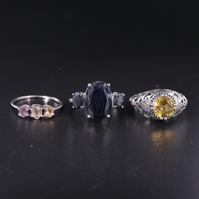 Sterling Silver Ring Collection Including Sapphire and Quartz