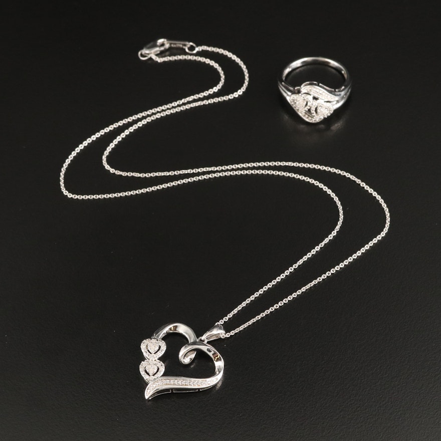 Sterling Diamond Heart Pendant Necklace and Ring